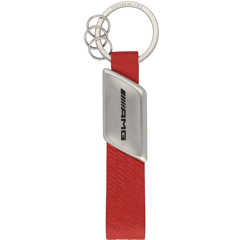 AMG Schlüsselanhänger (rot / silberfarben, Edelstahl / italienisches  Apfelleder (vegan)), Schlüsselanhänger, Accessoires