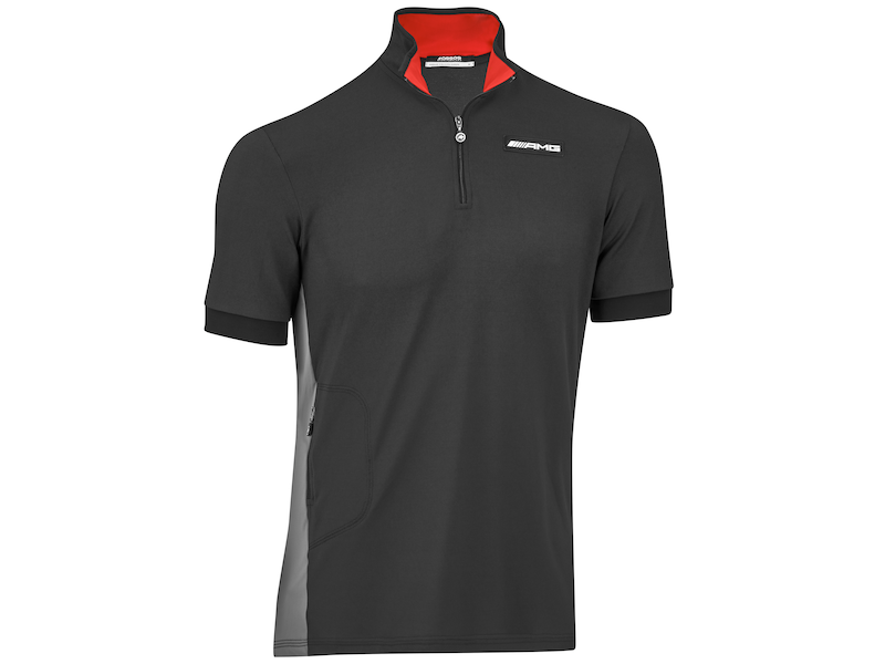 AMG men's functional shirt, short sleeve. Black/grey/red. 90% polyamide/8% elastane/2% polyester. Breathable. Concealed zipper pocket. High-closing collar. Elastic seams. Longer seam in the back. Slim fit. Black sewn-on plastic badge with white AMG 3D logo print in the chest area. Zipper puller with ASSOS logo. Item comes in 100% polyester fabric bag. AMG Performance Wear handcrafted by ASSOS of Switzerland. Sizes XS-XXXXL.
