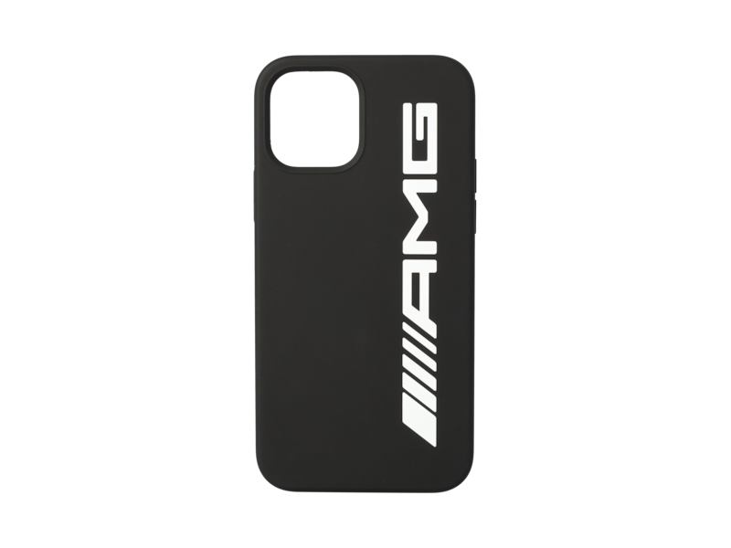 AMG cover for iPhone® 12/12 Pro. Black. Polycarbonate/silicone/microfibre. Aperture for camera, control buttons and connections. Suitable for wireless charging. Inner fleece with AMG logo pattern to protect from scratches. White AMG logo.