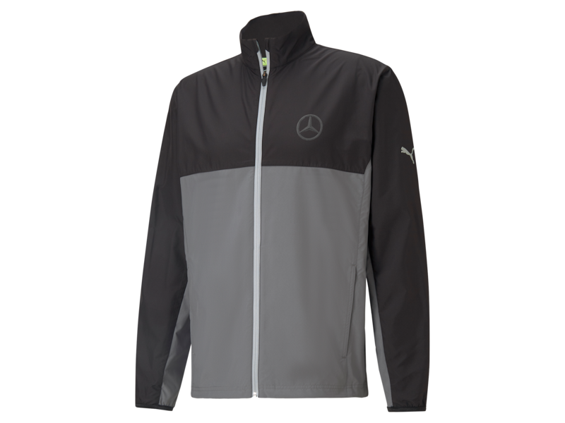 Men's golf wind jacket. Black/grey. 100 % polyester (100% recycled). Moisture regulating. Wind-resistant. Zipper with chin guard. 2 zipped pockets. Made for Mercedes-Benz by PUMA. Sizes S-XXL.