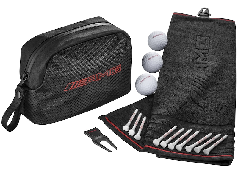 AMG golf gift set. Black. Bag made from 100% polyamide. Loop for attachment to golf bag. Content: club towel with snap-hook, 3 Zero Friction golf balls, 10 tees, pitch fork including ball marker. Dimensions approx. 22 x 9 x 14.5 cm.