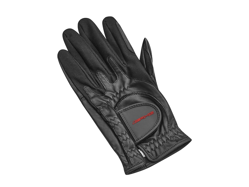 AMG golf gloves. Black. Outer material 100% sheepskin, mesh sections 81% nylon/19% elastane. Compression Fit technology. Breathable. Velcro fastener for width adjustment. Made for Mercedes-Benz by Zero Friction™. One size left-handed.