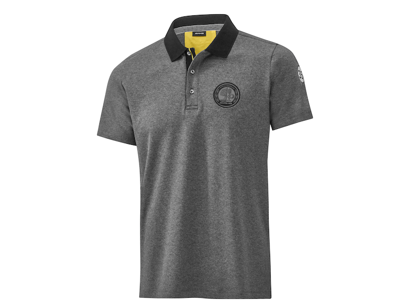 AMG men's polo shirt. Grey blend/yellow/black. 100% cotton (organic).Single-rib polo collar, neck band in radiator grille look. Shifting shoulder seam. Split seam on back. Inside side vents with strap in radiator grille look. Slim-fit.Embroidered AMG emblem weave badge on chest. Silver-coloured embroidered vintage AMG lettering on the outside of the neck. Woven badge with start number 35 on left sleeve. Sizes XS-XXXXL.