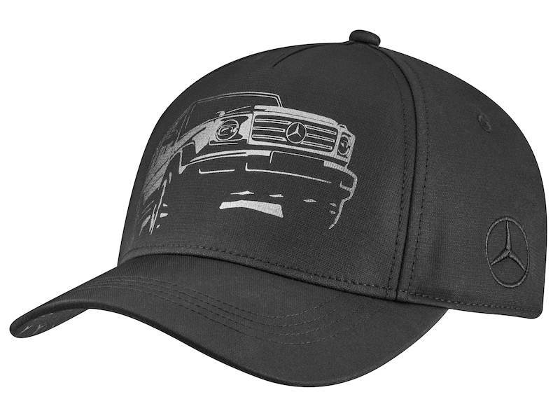 Cap Black. Outer material 100 % polyester, lining 100 % cotton. 5-panel baseball cap. Tonal Mercedes star embroidered on left side.G-Class vehicle motif printed on front.G-Class patch with model series, angle of approach and ramp angle on right side.Adjustable fit.
