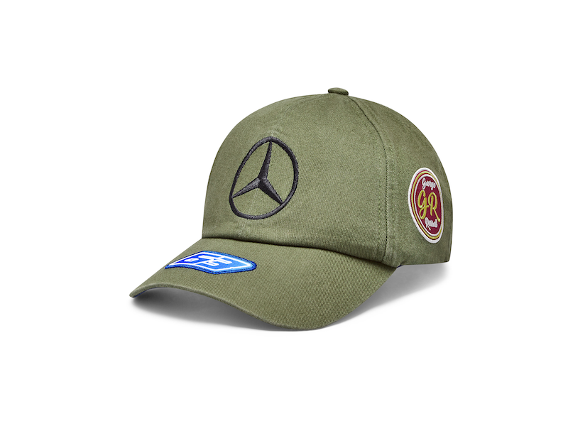 Cap, George Russell Special Edition, VINTAGE FIND, Mercedes-AMG F1.Dark green. 100% polyester. 6-panel baseball cap with Mercedes star, Mercedes-AMG F1 team logo, George Russell number 63 as well as various other partner logos.