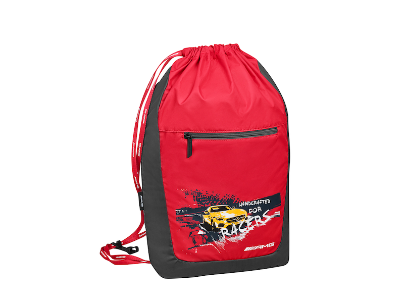 Children's drawstring sports bag. Anthracite/red. Polyester. Zipped compartment on inside and outside. Star clip on cord for improved wear comfort AMG "Handcrafted for Racers" logo on the front, with drawstring and cord with AMG lettering. Dimensions approx. 44 x 0.5 x 33 cm.