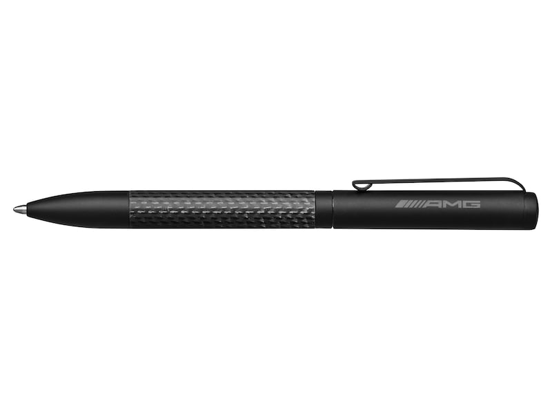 AMG ballpoint pen. Black. Brass/carbon fibre. Twist cap. Writes in blue. AMG logo on barrel. Made in Germany.