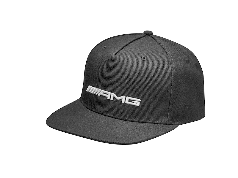 AMG flat brim cap. Black. 80% polyacrylic / 20% wool. 5-panel cap. Adjustable fit.