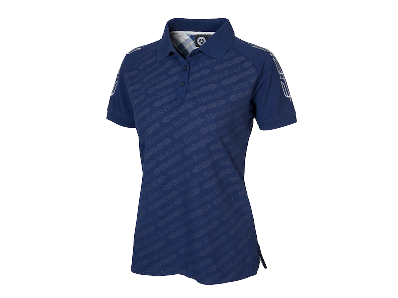 Ladies' polo shirt. Navy. Contrasting neck tape and side vent trim. 100% cotton. Short sleeves. Single-rib collar and cuffs. Button band. Modern fit. 1926 classic logo badge and vintage Mercedes lettering embroidered on the back section in high-gloss thread. Sizes XS-XL.
