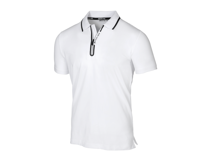 AMG men's polo shirt. White/black. 95% cotton/5% elastane. Short sleeves. Two-tone zip. Side vents. Single-rib collar. Black neck tape and side vent band with white, woven AMG logo. Black AMG logo print on inside of back. Black AMG logo print on the zip bar. AMG logo on Autolock zip puller. Slim fit. Size: S-XXL.
